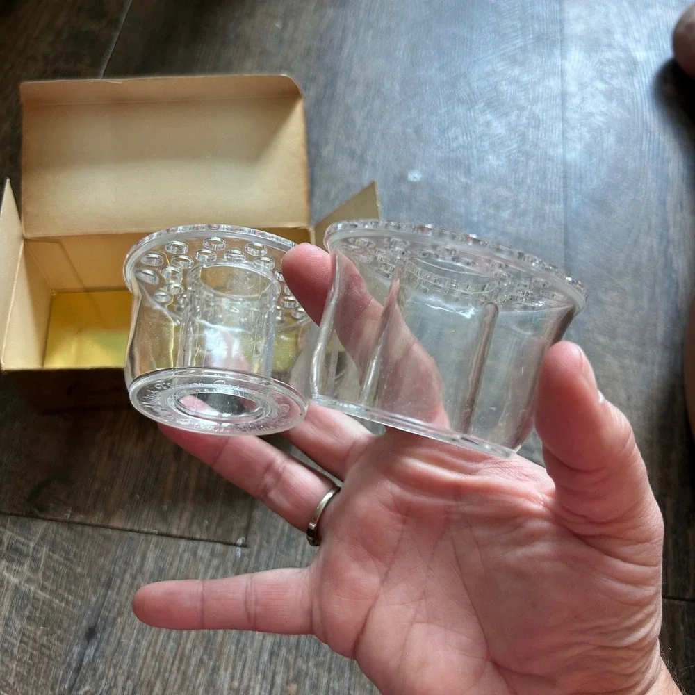 Vintage Candlestick Flower Arranger Set of 2 Clear Plastic Floral Frogs MCM Box